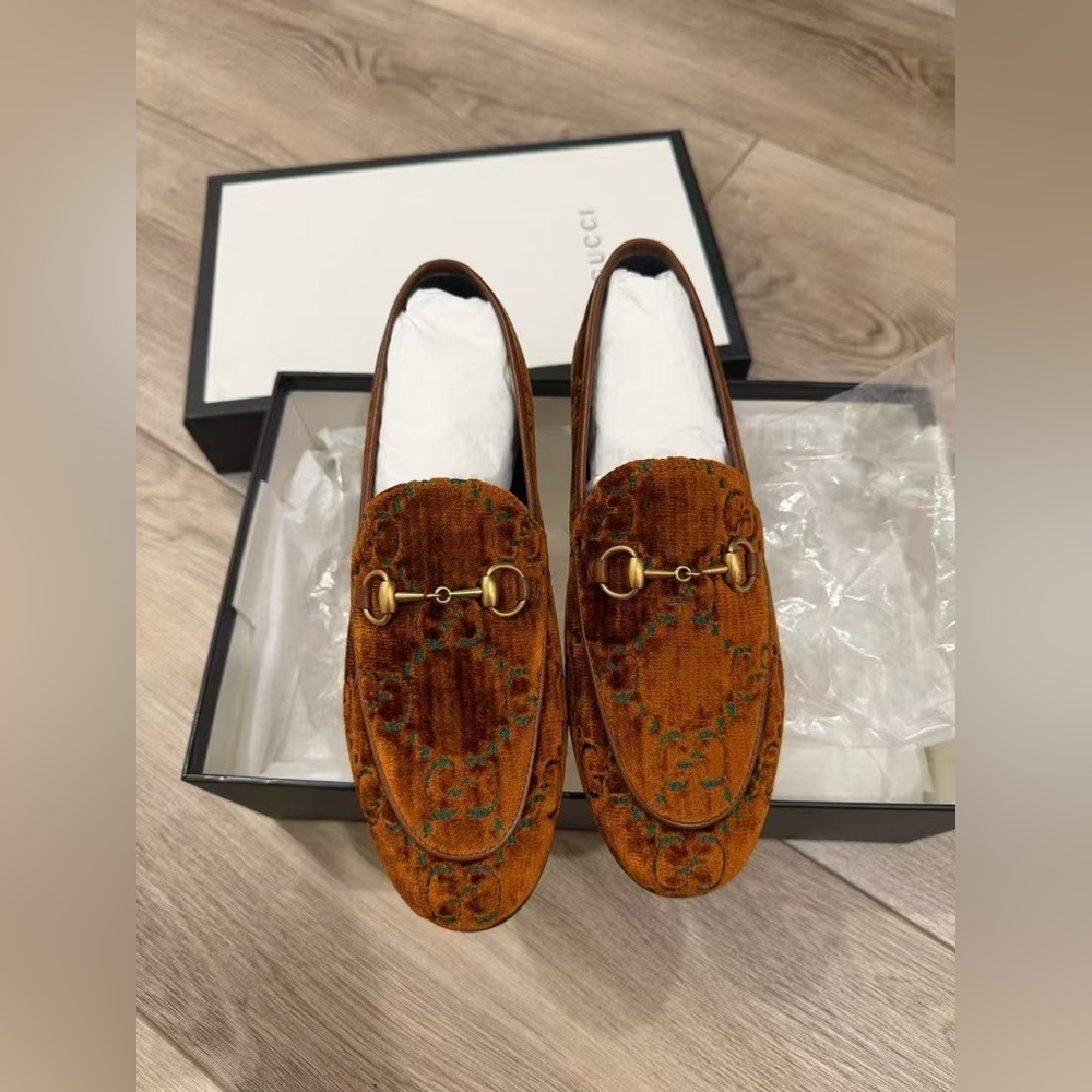 Authentic Gucci Orange / Teal GG Embossed Velvet Jordaan Loafers Size 36.5 NIB